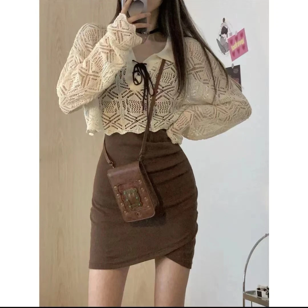 辣妹纯欲风吊带高腰显瘦包臀气质复古长袖早秋连衣裙配长款防晒衫