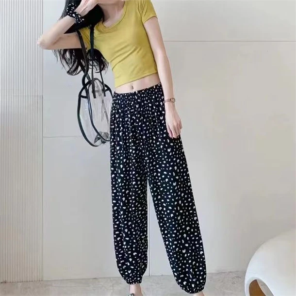 夏季新款印花抽绳系带垂感显瘦宽松轻薄速干休闲裤