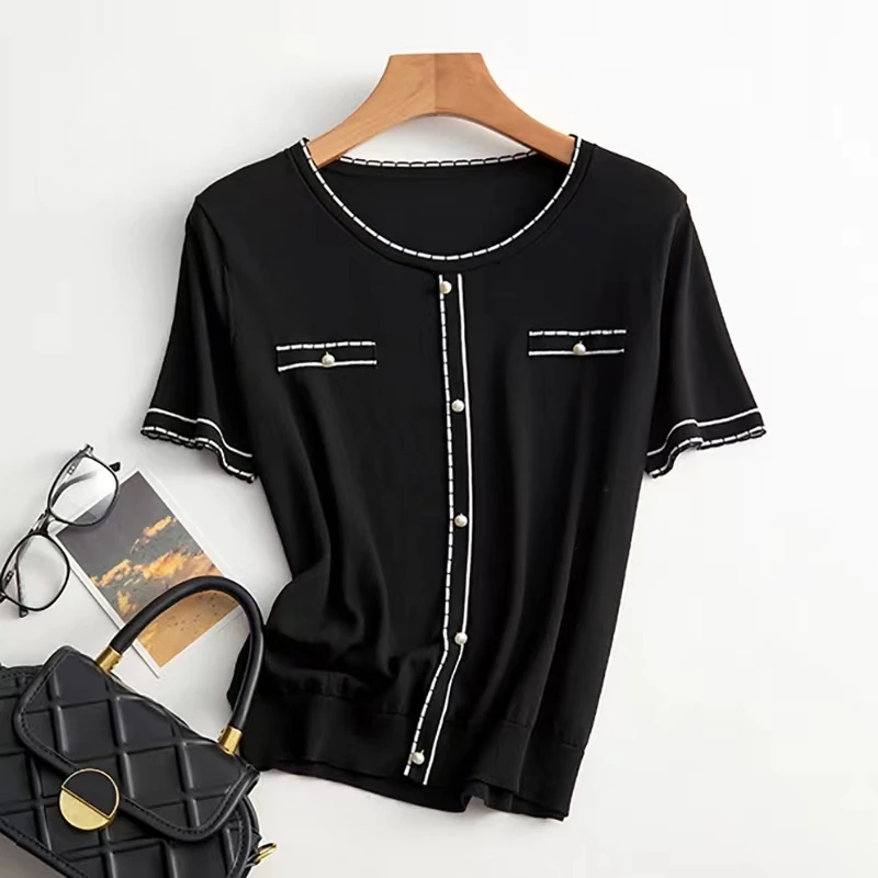 夏季新款法式气质撞色设计感圆领针织衫高级轻奢短袖