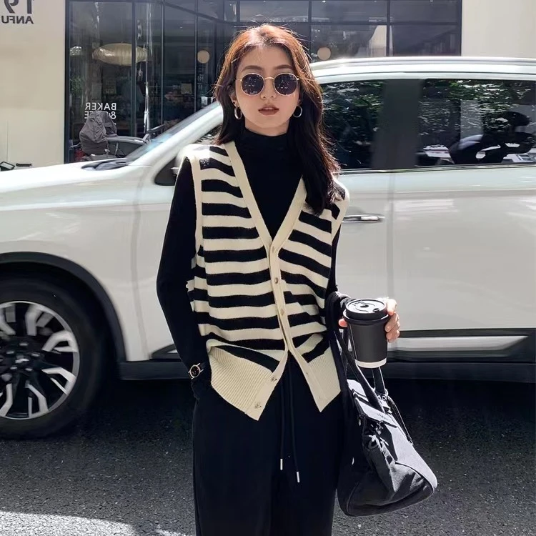 新款撞色V领显瘦宽松复古气质条纹针织百搭开衫马甲