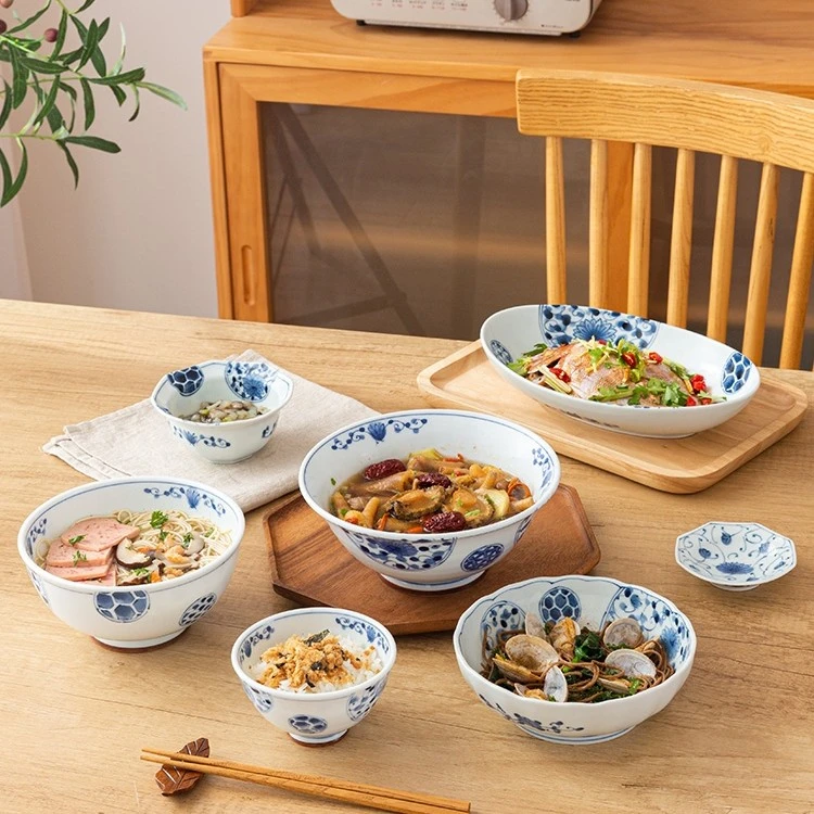 日本进口光峰花伊万里米饭碗面碗陶瓷复古釉下彩菜盘饭盘家用餐盘