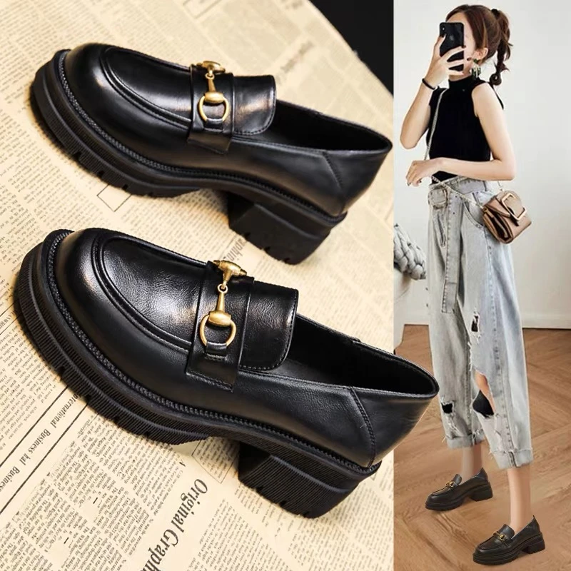 小皮鞋女鞋子2025年新款英伦风春秋冬季加绒厚底百搭乐福鞋松糕底