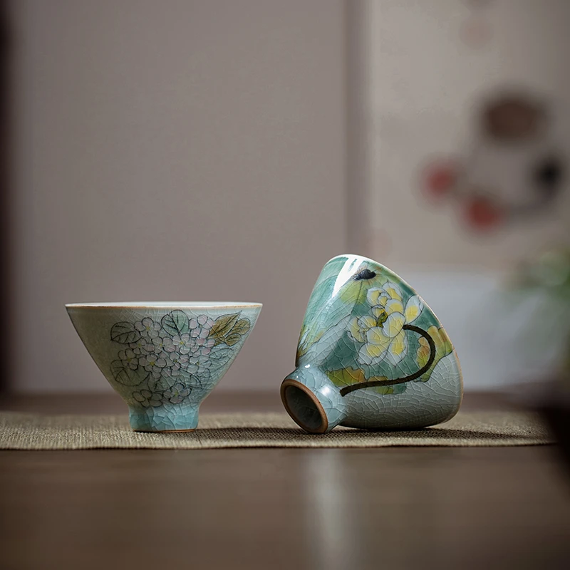 冰片釉纯手绘开片创意斗笠品茗杯可养陶瓷功夫茶杯家用纯手工单杯