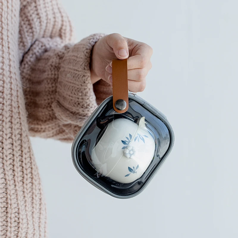 纯手绘蝴蝶兰花玻璃旅行茶具套装简约便携式包陶瓷快客杯一壶一杯