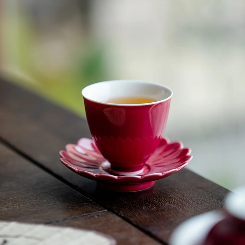 胭脂红功夫茶杯品茗杯家用简约主人杯单杯个人专用喝茶杯子带杯垫