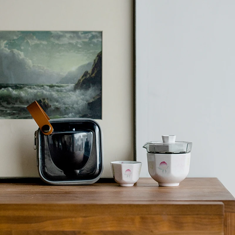 停产福利纯手绘桃粉便携旅行茶具套装户外随身旅游陶瓷快客杯