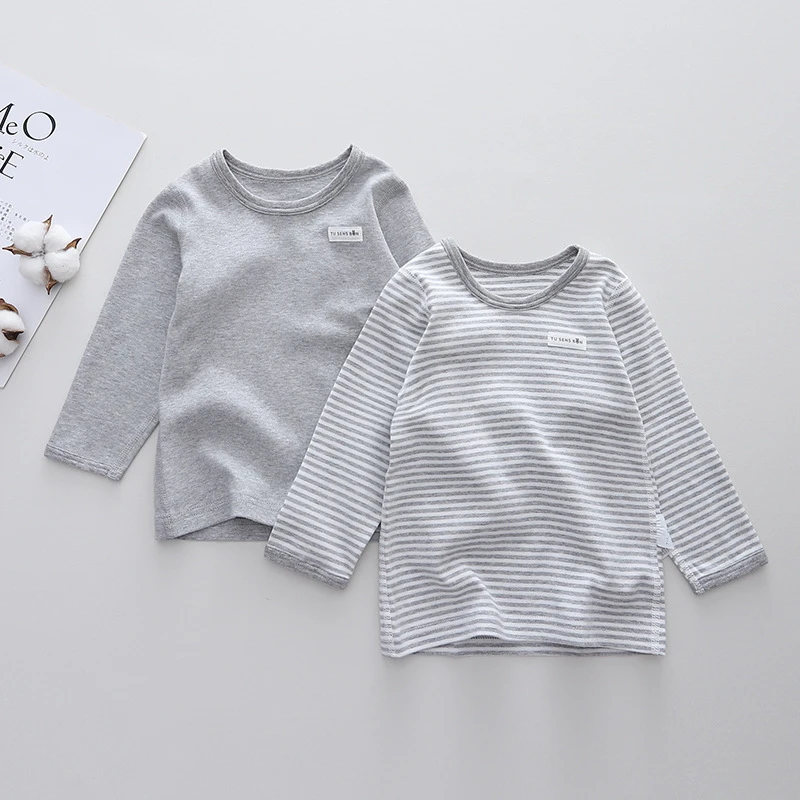 2件装无骨缝秋衣纯棉磨毛厚款儿童长袖T恤男女宝宝内衣打底衫上衣