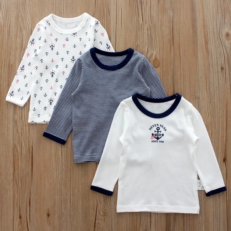 宝宝长袖T恤纯棉男童秋衣儿童内衣日系全棉打底衫睡衣上衣3件装