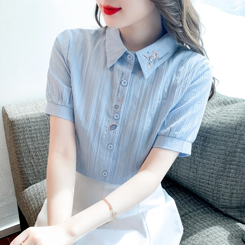 2025年夏季新款女装衬衣设计感小众棉布衬衫女洋气刺绣短袖女上衣