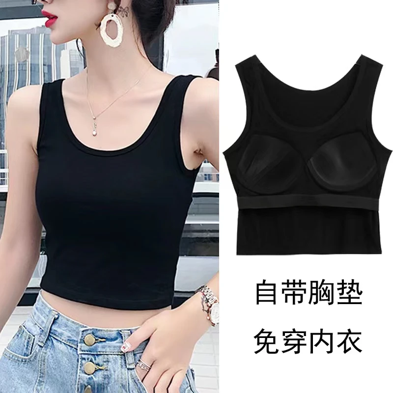 夏季大码瑜伽运动修身罩杯一体式吊带背心女短款露脐打底内搭背心