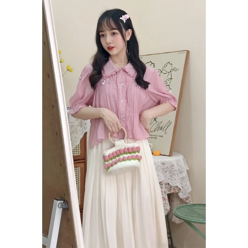 帛卡琪2024夏新款木耳边泡泡袖衬衫女纯色短袖甜美蝴蝶结短款上衣