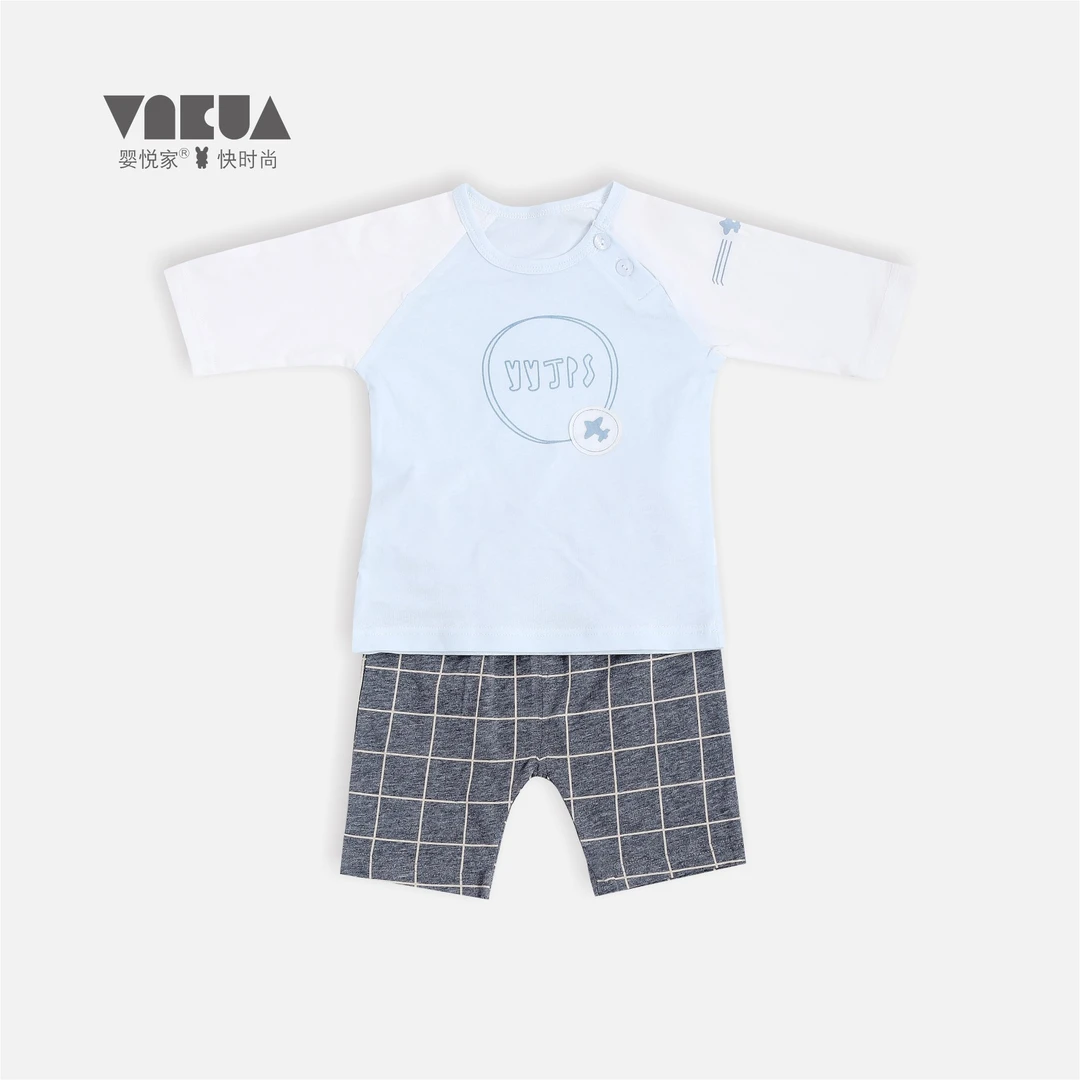 婴悦家夏季男宝宝时尚男童68917飞翔梦单面家居七分袖肩开套装