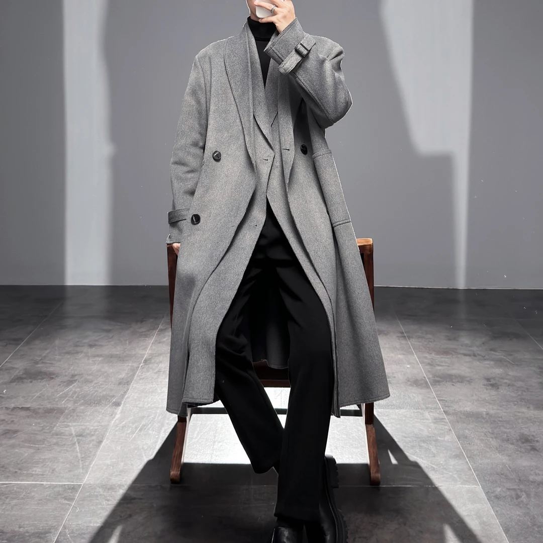 莱德的搭配 冬季双层领毛呢大衣男士中长款休闲宽松假两件过膝潮