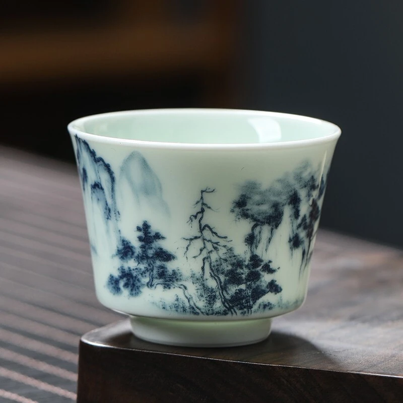 岱佳品茗杯青瓷陶瓷杯家用功夫饮茶杯贴花梅子青建盏简约主人杯