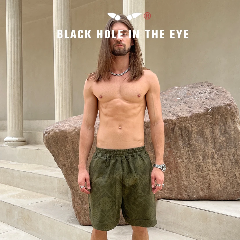 BHITE空瞳 原创重工宽松多口袋军绿日系腰果花暗纹工装短裤