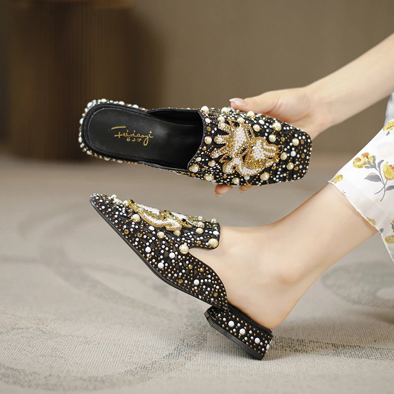 FEIXIAOYI/菲小伊拖鞋女夏外穿时尚春夏款网纱皇冠狐狸粗跟半拖女