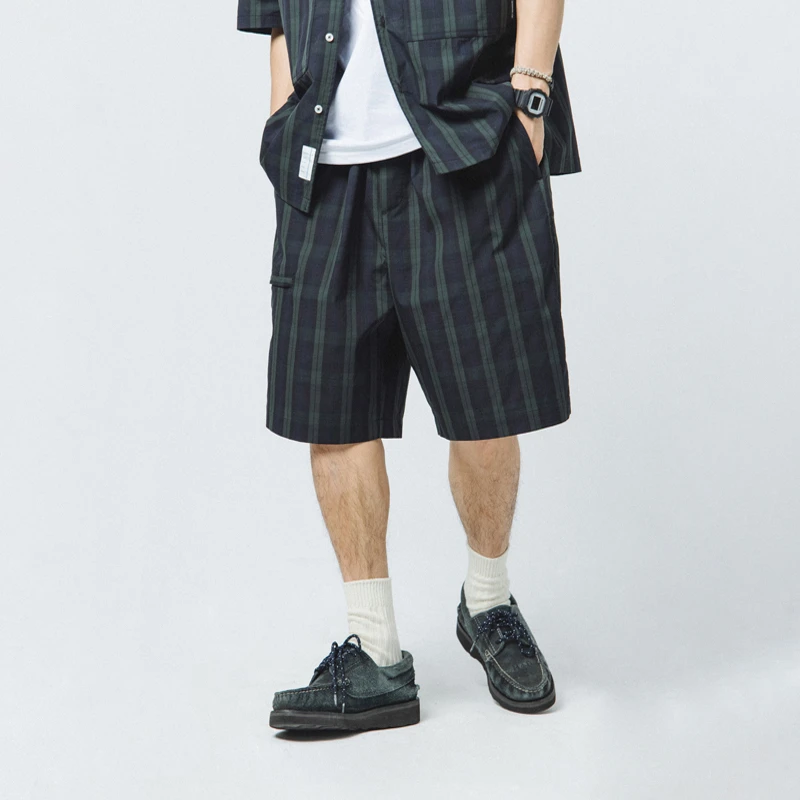 NOTHOMMEBLUE蓝岐2024夏季新款蓝绿格潮牌多口袋休闲工装短裤男