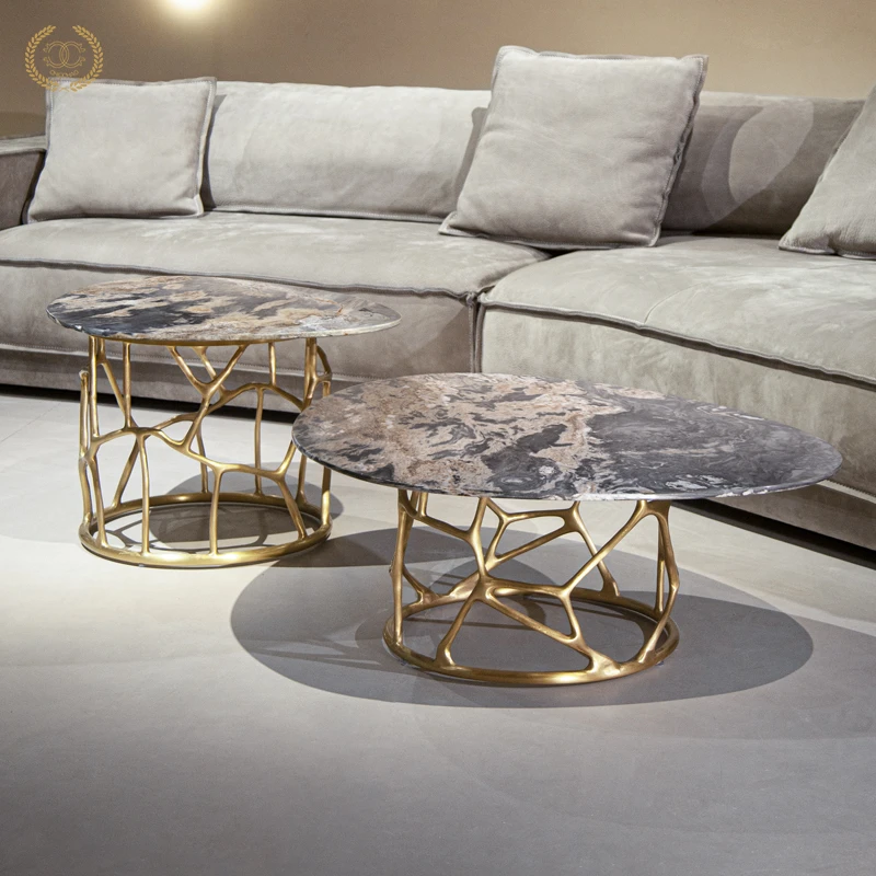 潮巢天然大理石黄铜茶几 轻奢 蓝水晶奢石 蓝金砂 艺术组合茶几