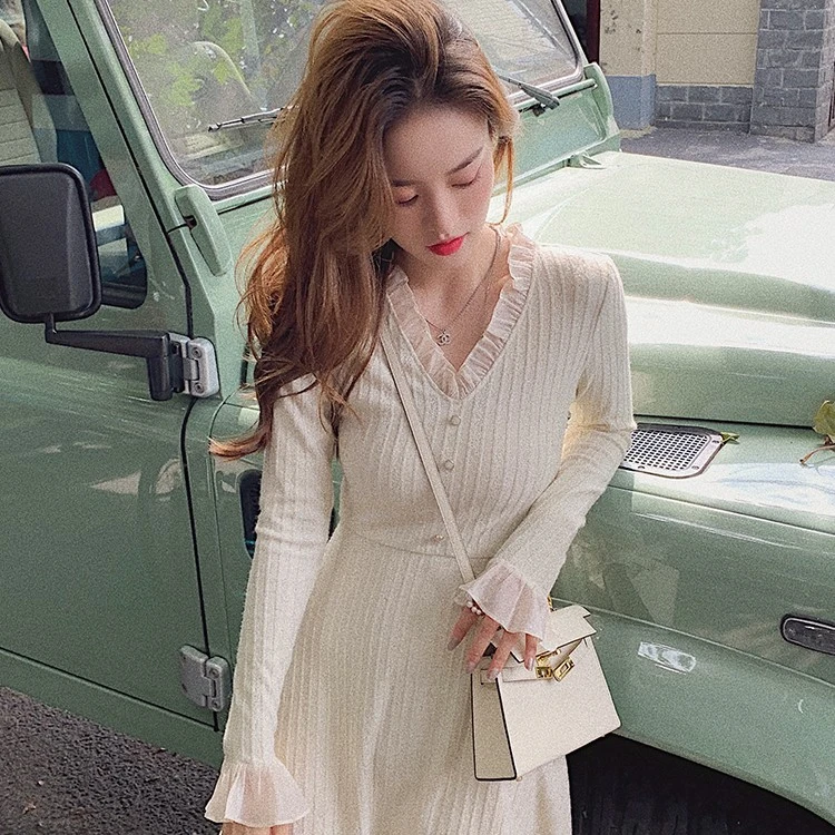 2025春秋季新款女装韩版时尚气质收腰显瘦亮丝拼接针织打底连衣裙