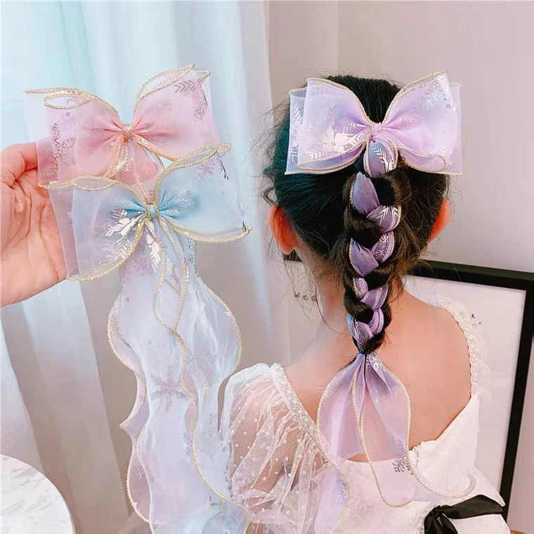 精品高品质雪花纱冰雪公主头饰儿童大蝴蝶结长飘带编发发夹马尾夹