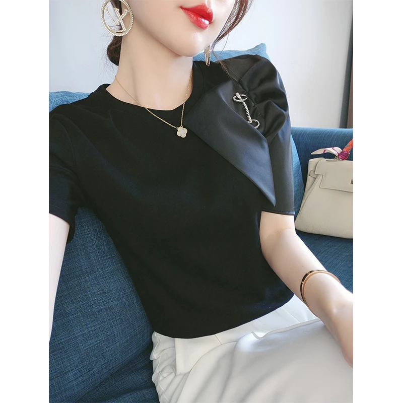 纯棉黑色T恤短袖女2023年新款气质百搭修身泡泡袖设计感小众上衣