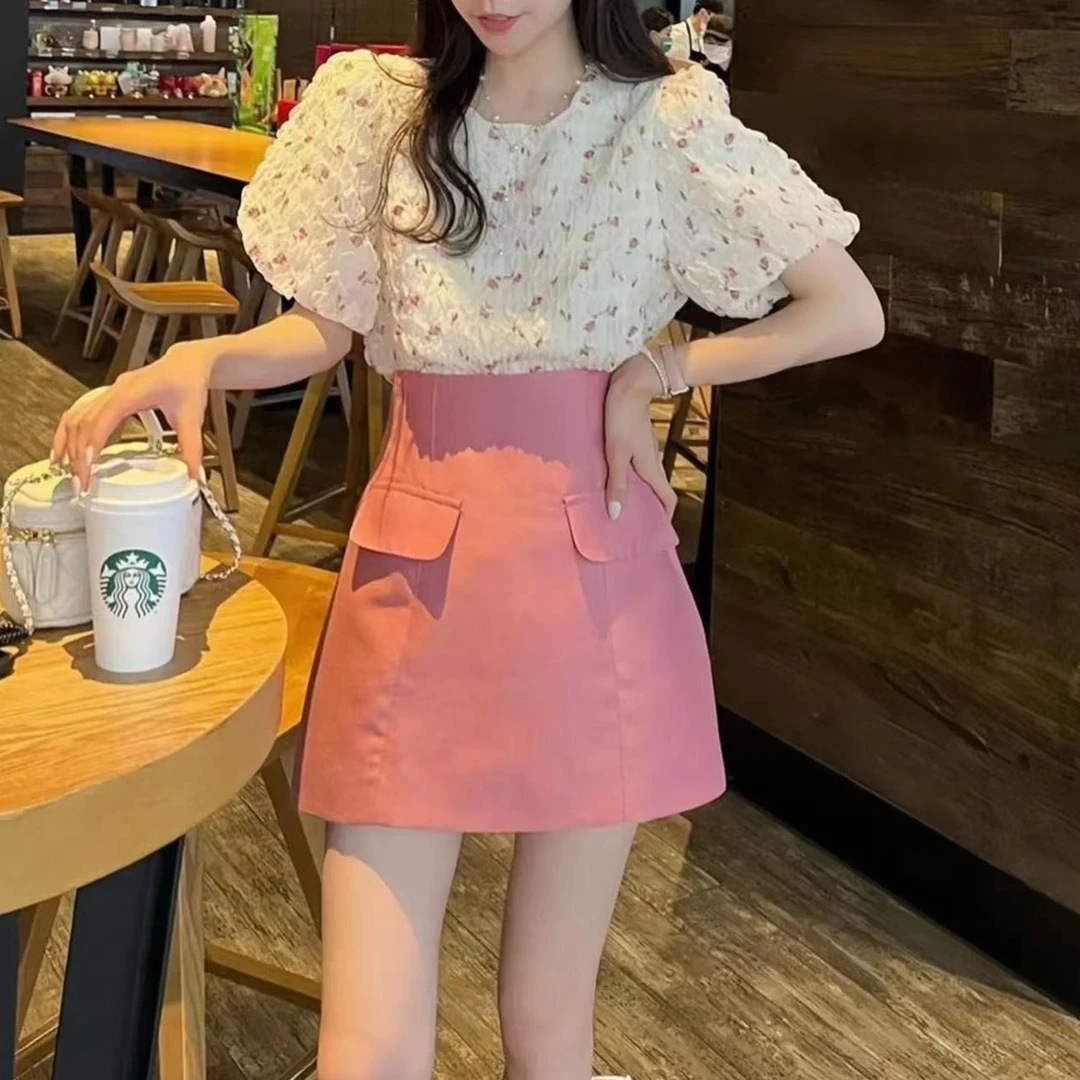 夏季韩系温柔风压褶气质泡泡袖减龄肌理感洋气小衫+半身裙裤D6190