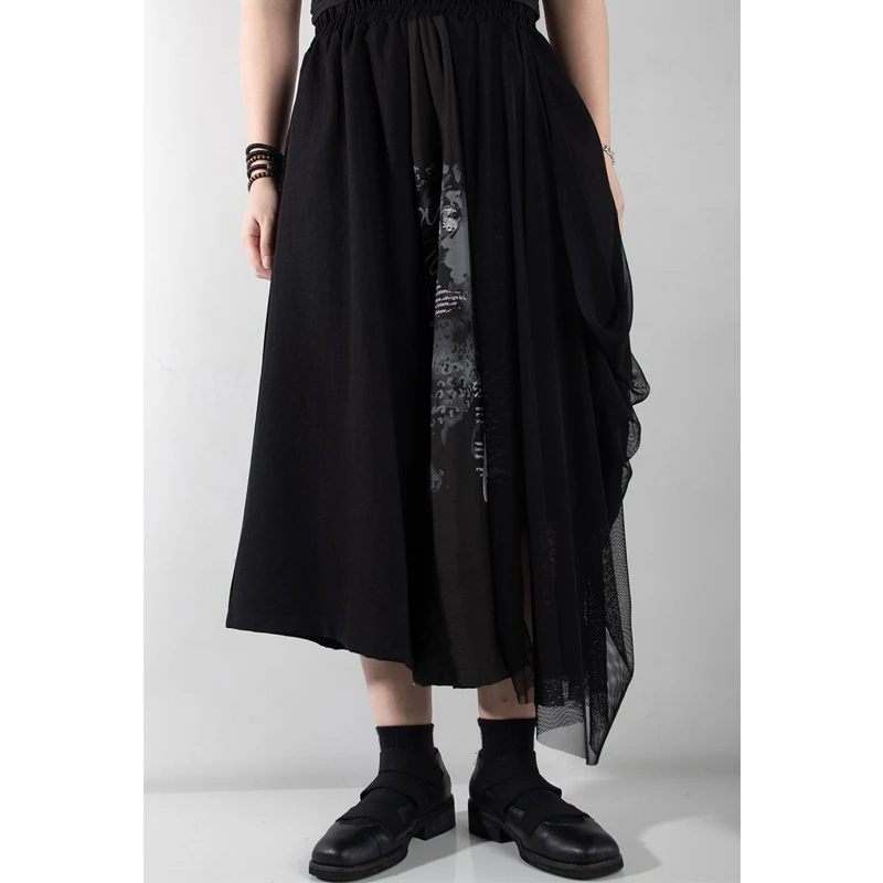GFW/制自山本耀司暗黑系黑色网纱拼接夏季裙裤宽松大码显瘦阔腿裤