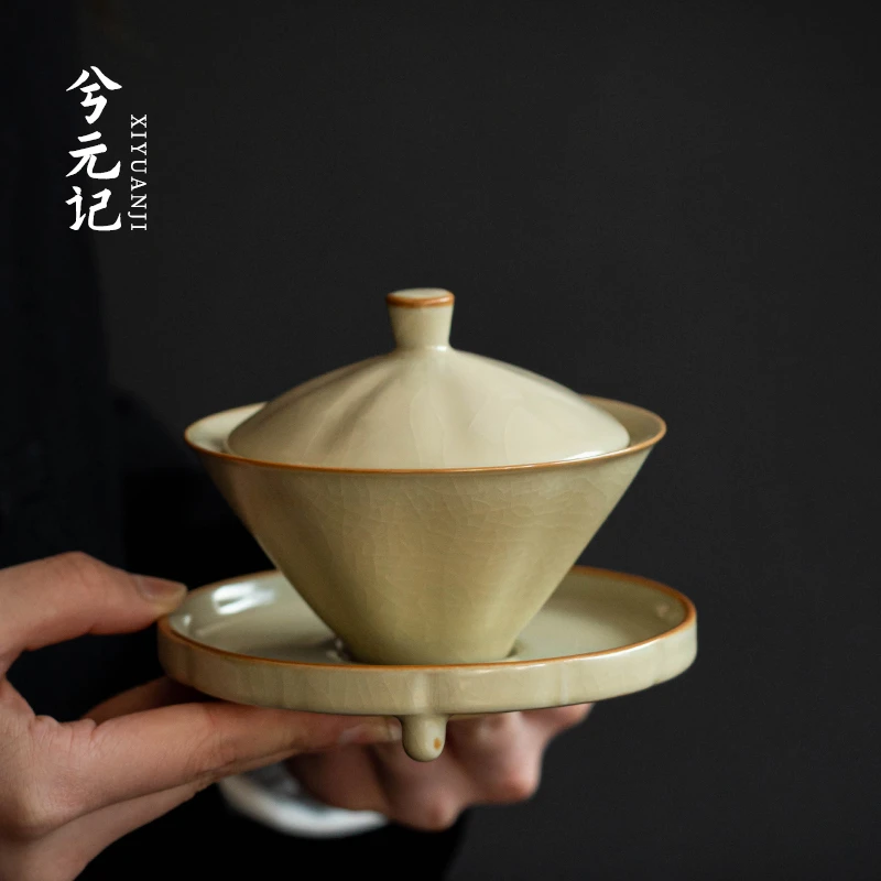 豆黄汝窑三才盖碗家用带盖大号盖碗茶陶瓷茶碗茶杯功夫茶具泡茶