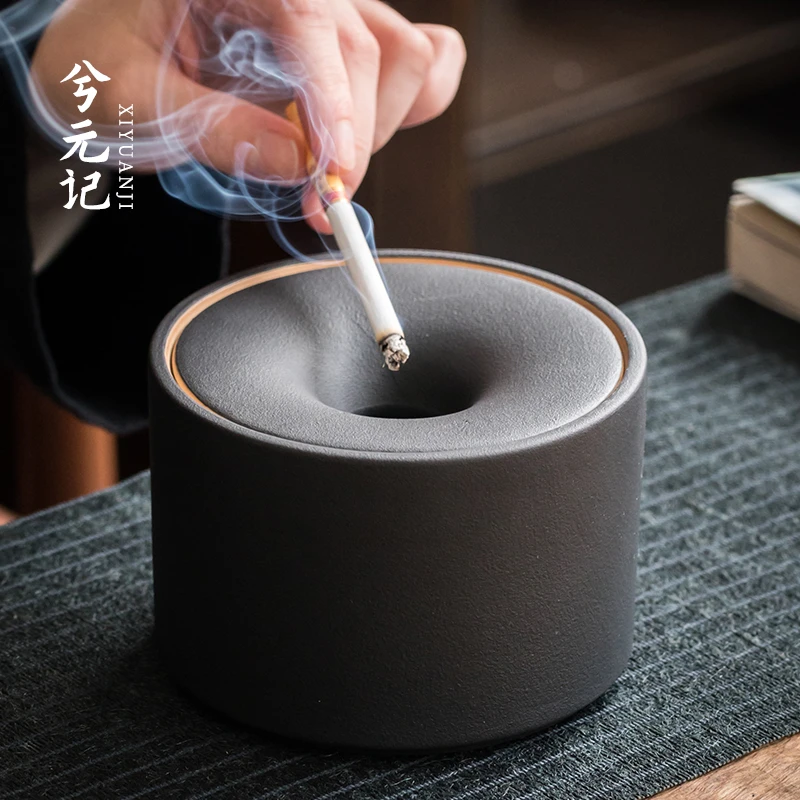 创意复古黑陶烟灰缸带盖家用客厅办公室轻奢烟缸防风防飞灰防烟味