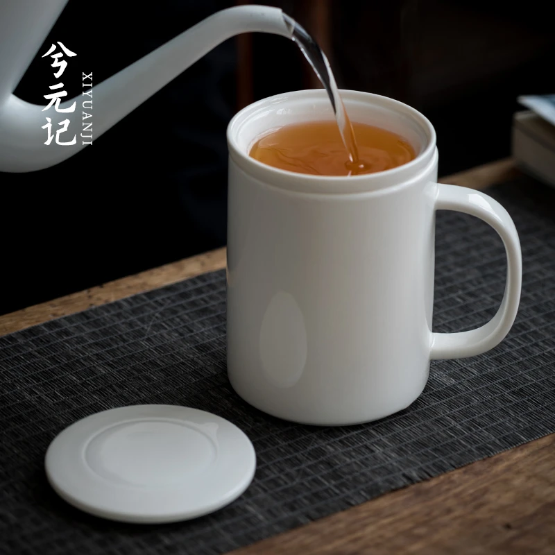 羊脂玉瓷茶杯带过滤办公杯带手柄大容量陶瓷茶杯家用茶水分离杯子