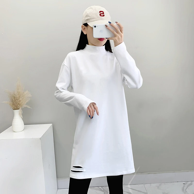加长款包臀半高领破洞打底衫女宽松大码纯棉磨毛加厚长袖T恤上衣