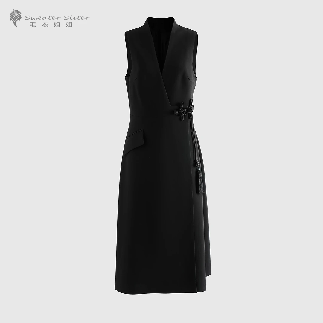 毛衣姐姐复古中式盘扣马甲裙女中长款收腰无袖连衣裙068-2250