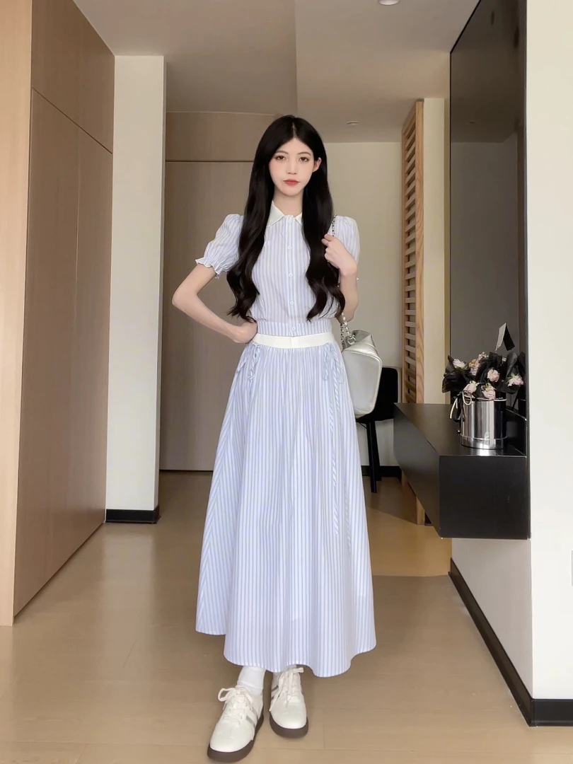 8清新小众条纹套装衬衫半裙两件修身通勤套装B242R0003