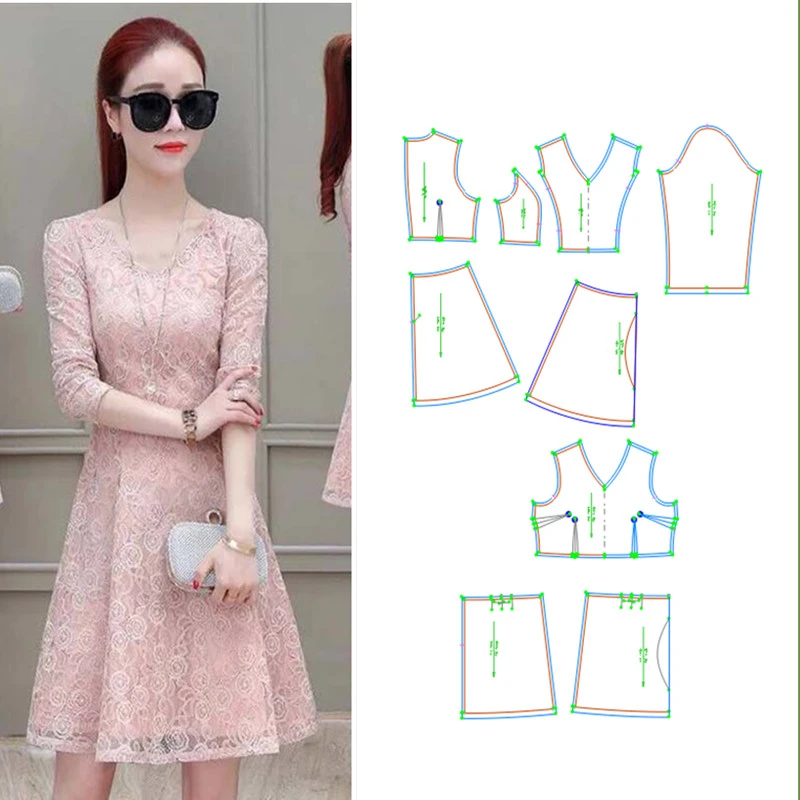 服装纸样231春夏蕾丝连衣裙时尚收腰裙子缝纫裁剪图DIY1:1缝制