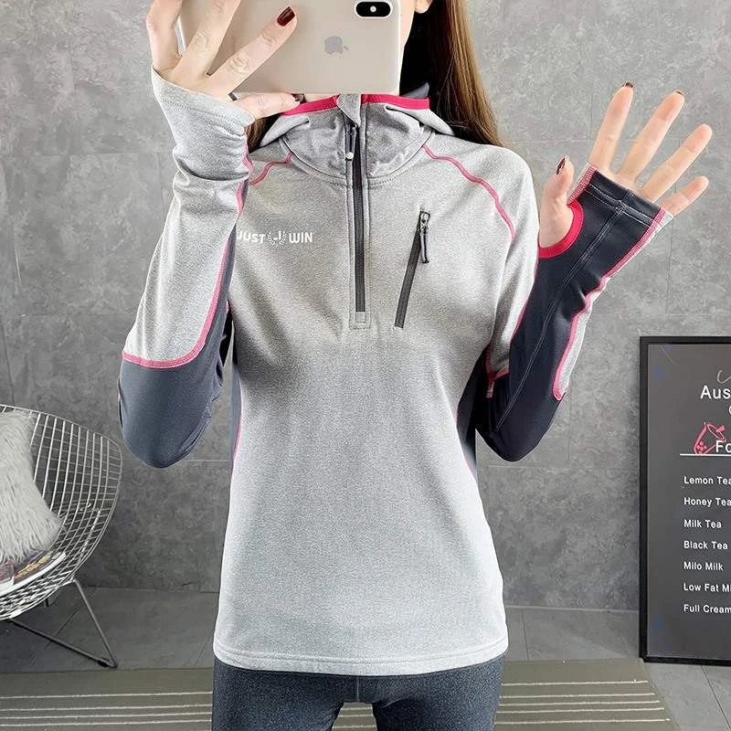 3206长袖速干衣女潮牌春秋厚款户外登山套指骑行服连帽透气跑步衫