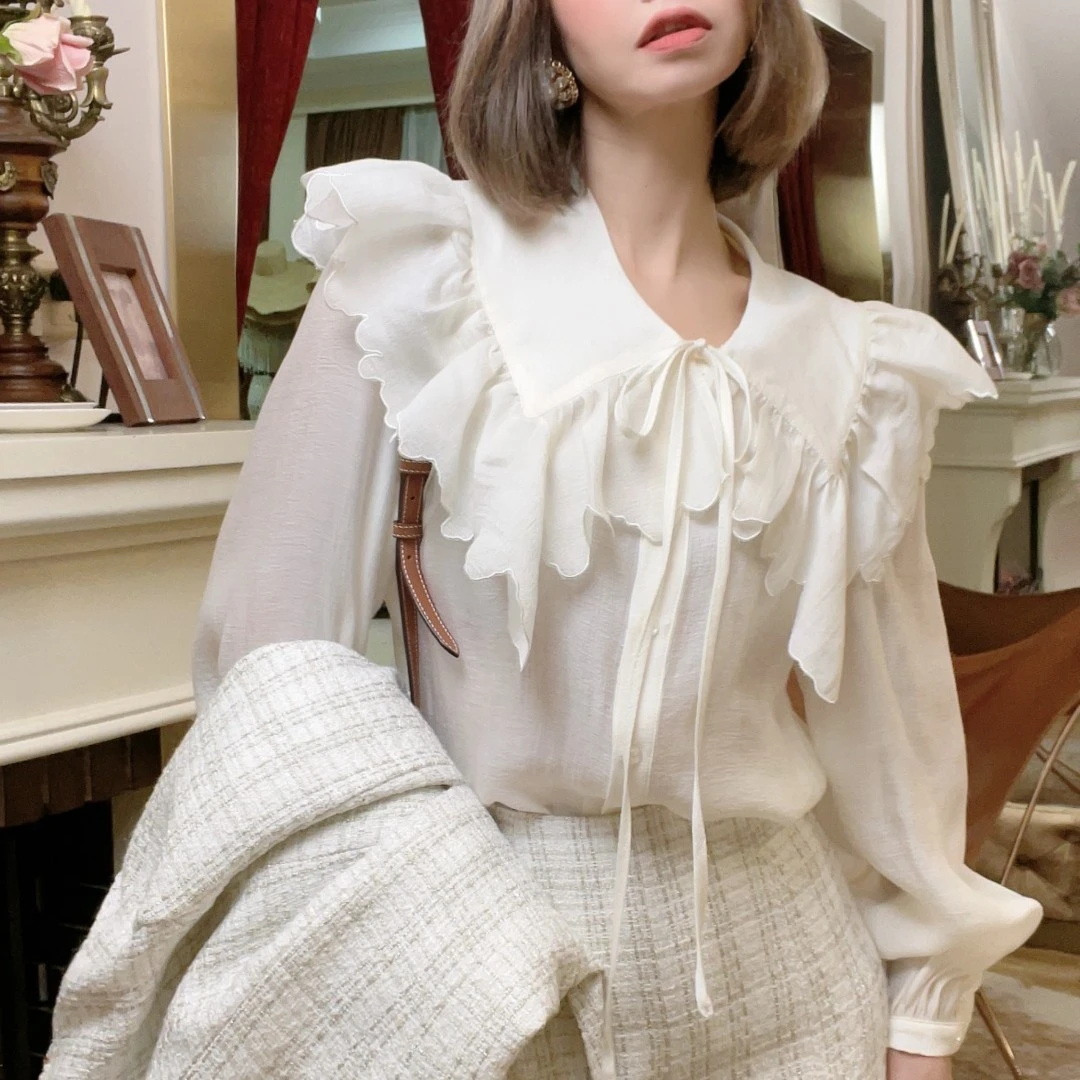 法式设计师款气质感重工刺绣包边长袖花边衬衫衬衣三色时尚70109