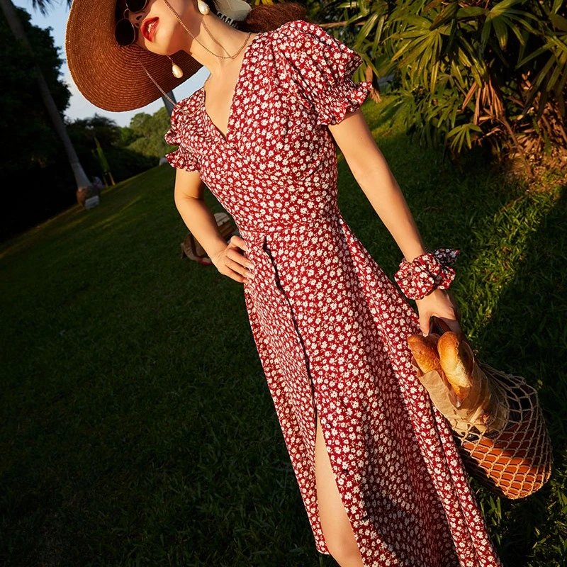 /法式复古夏日浪漫碎花木耳边短袖气质显瘦茶歇裙    70270