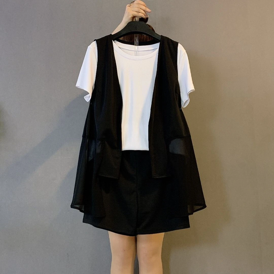 大维罗依OYS大码女装夏季新款韩版时尚宽松马甲短裤三件套套装