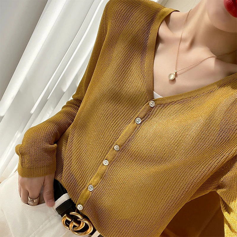 夏季亚麻V领针织开衫女薄款冰丝宽松防晒外套短款长袖空调衫外搭