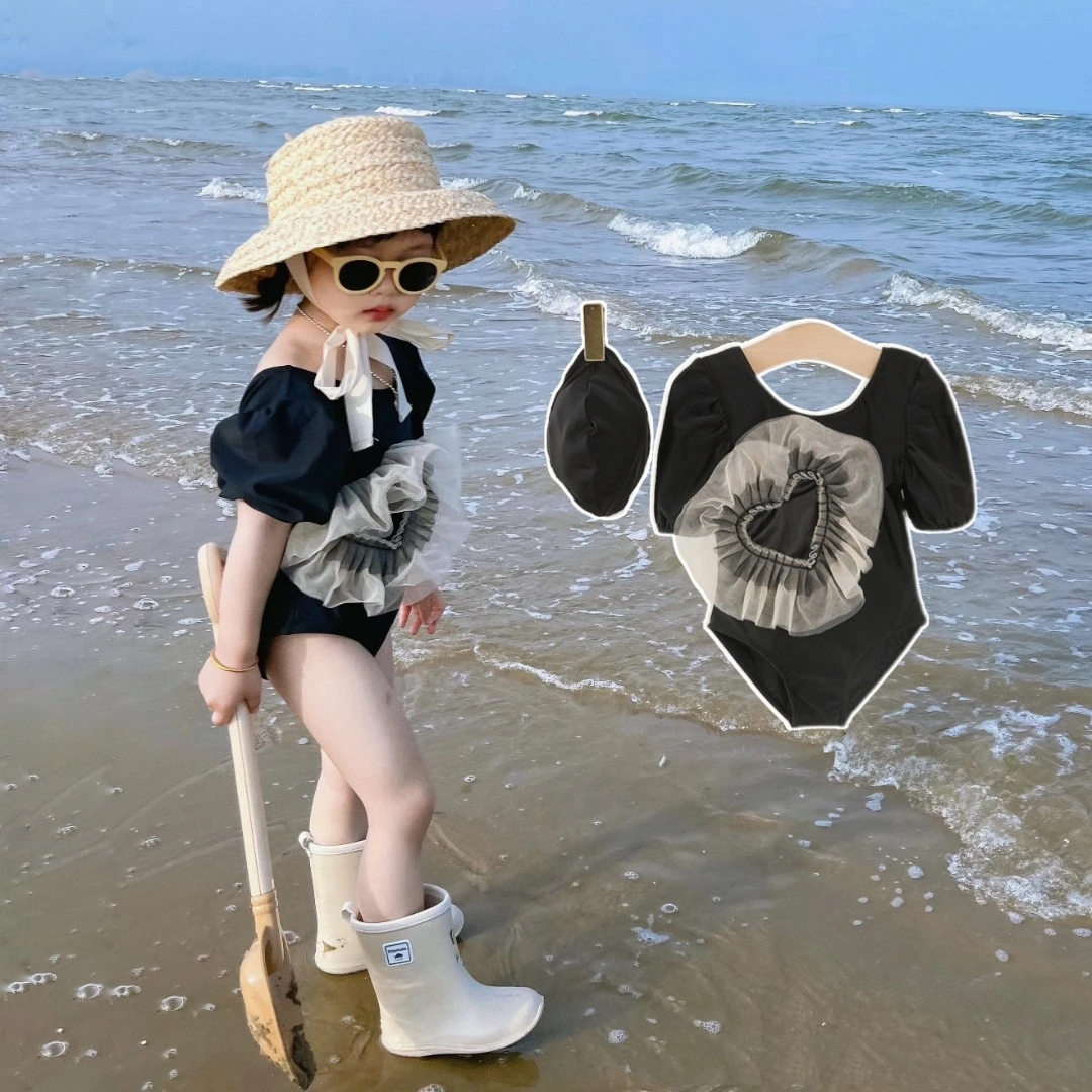 女童连体泳衣可爱公主游泳装ins女宝宝洋气爱心沙滩温泉比基尼潮