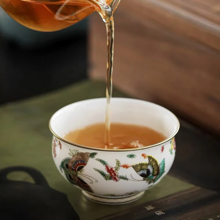 景德镇茶具粉彩花卉蝴蝶纹主人杯茶杯品茗杯茶盏古董古玩收藏摆件