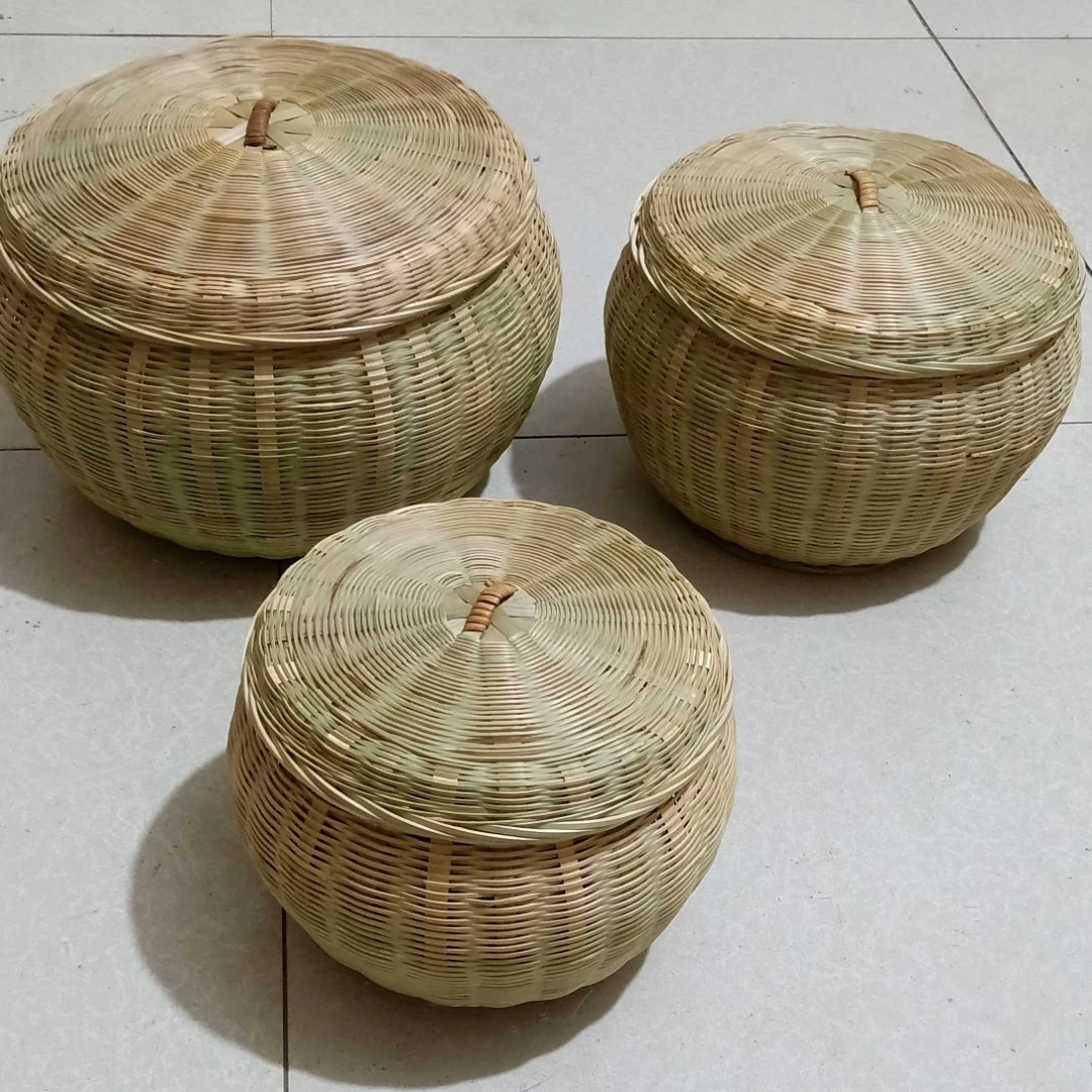 竹编苹果篮茶叶罐带盖馒头竹筐圆形鸡蛋篮收纳筐制品带盖子竹篓