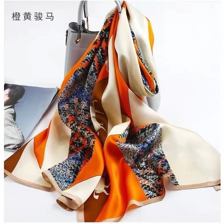 爱马橙 丽锦缎90x180 时尚经典洋气百搭气质夏季女士丝巾橘色印花