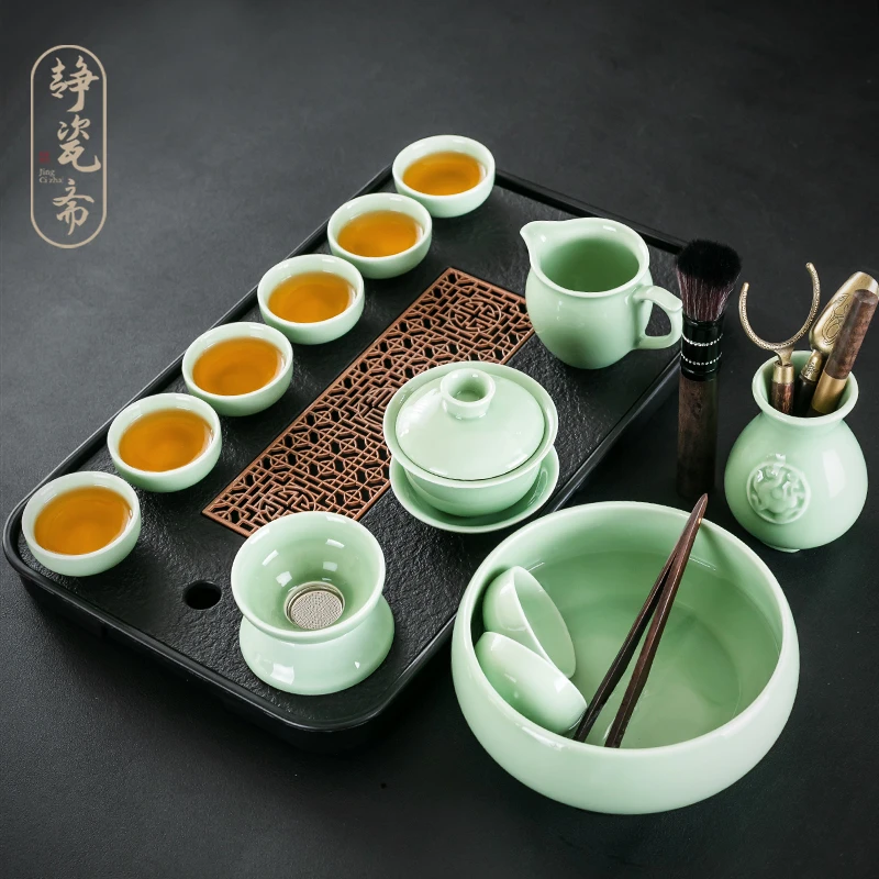 静瓷斋青瓷功夫茶具套装陶瓷家用办公室盖碗泡茶壶茶杯洗茶道干泡