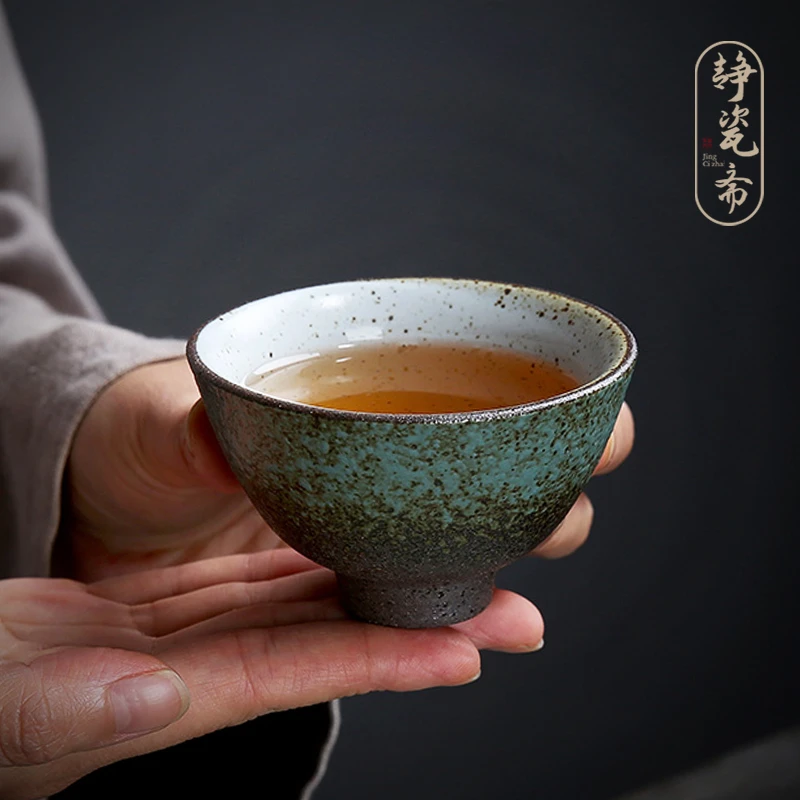 静瓷斋复古粗陶品茗杯茶盏个人杯陶瓷主人杯铁釉茶杯斗笠杯单杯