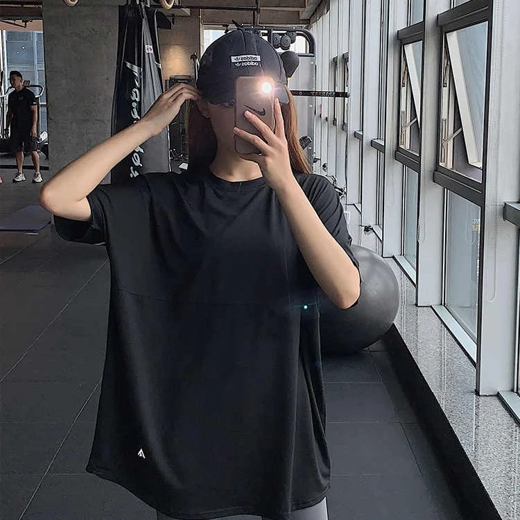 大码胖mmT恤女穿到200斤速干透气健身服宽松中长款运动短袖上衣