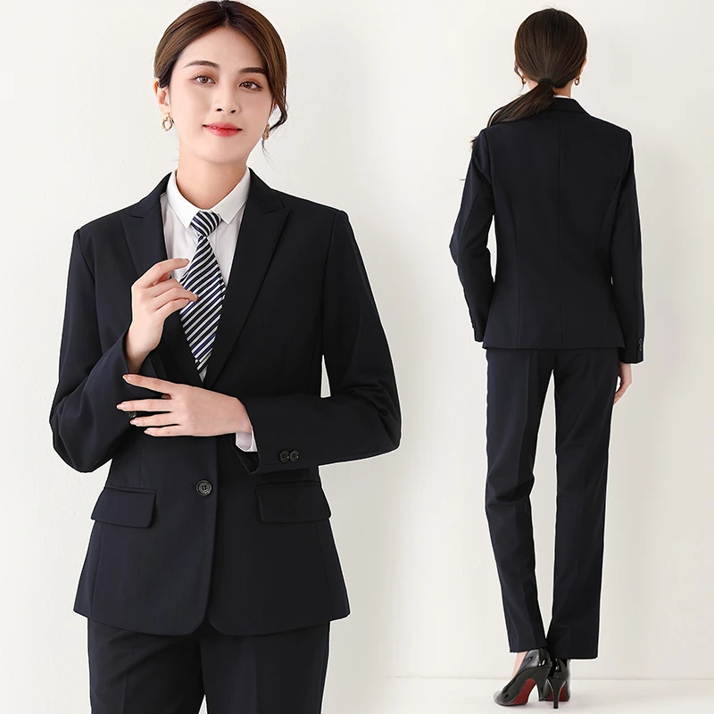 西装套装女士藏青色外套女士职业工作服春秋季商务西装套装西裤女