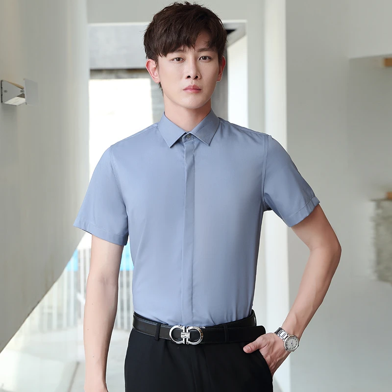 百搭白衬衫夏季新款商务正装工装韩版修身质感工装长袖衬衣蓝色寸