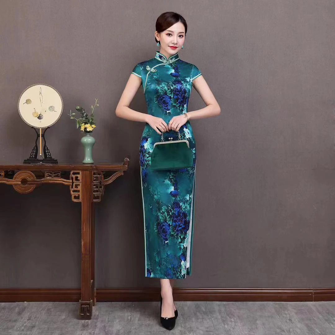 夏款正宗定制款孔雀蓝旗袍走秀优雅日常修身气质