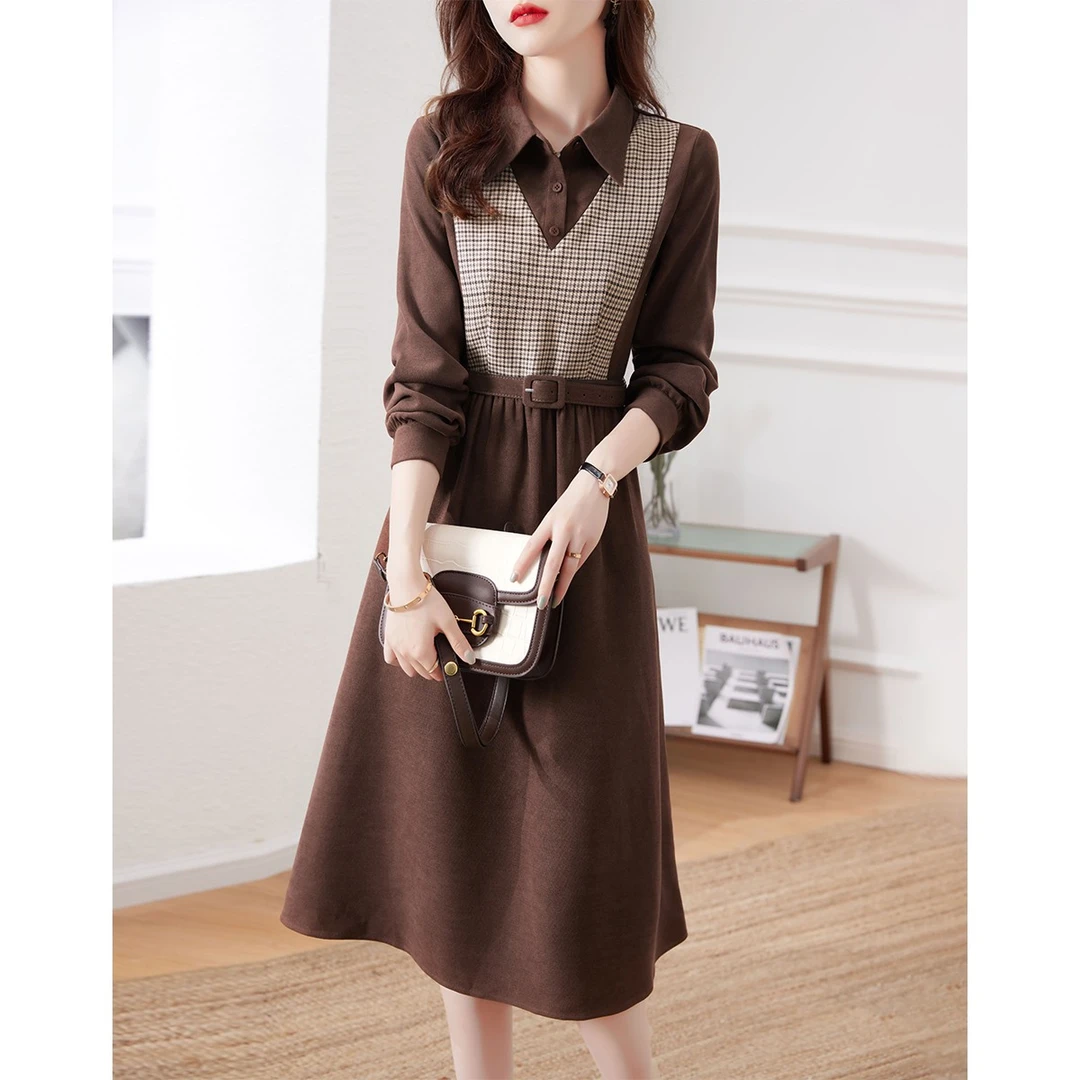 XWI/欣未2025秋季新款时尚简约格纹撞色拼接收腰假两件连衣裙A054